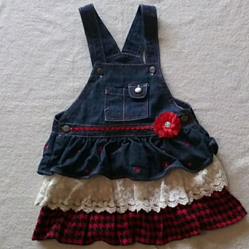 Tiered denim lace romper overall dress